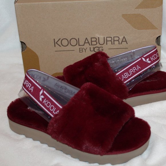 NIB UGG KOOLABURRA‎ WOMEN'S FUR SLIPPER SANDALS BURGUNDY - Picture 1 of 7